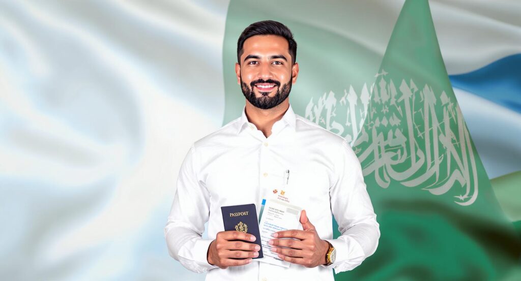 Pakistani worker holding passport and visa documents, ready to travel to Saudi Arabia in 2025