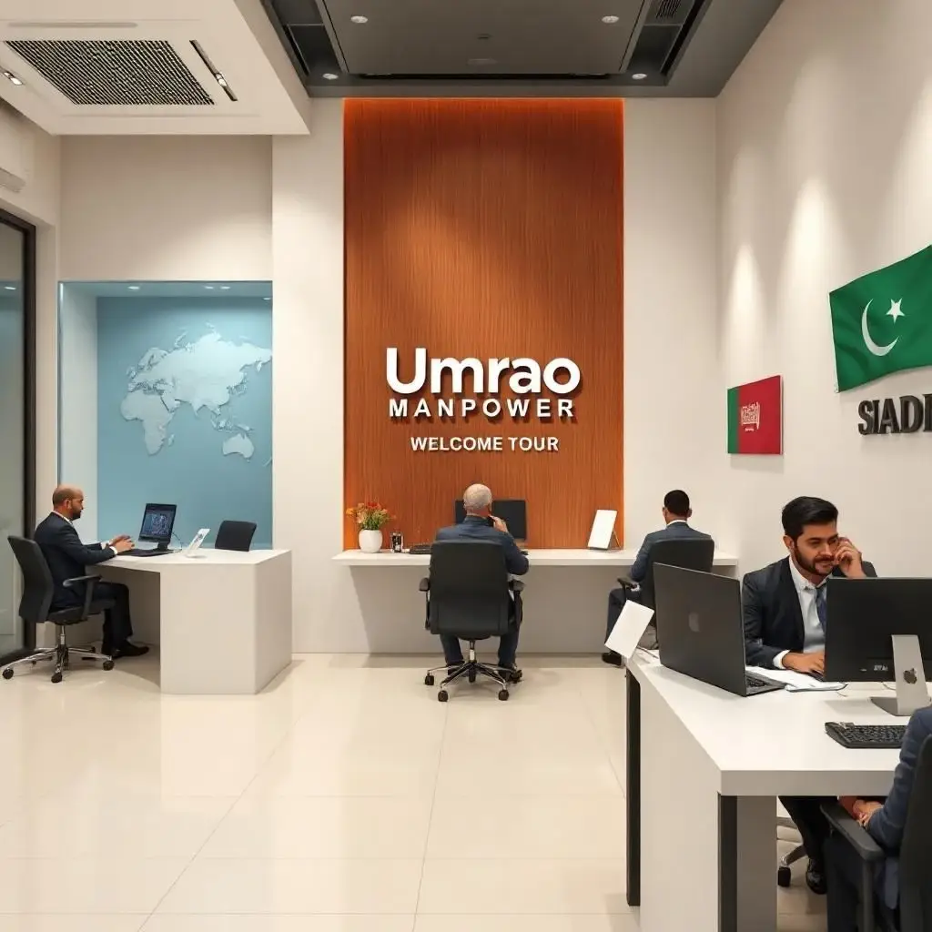 Interior view of Umrao Manpower Overseas Employment Promoters office in Pakistan.
